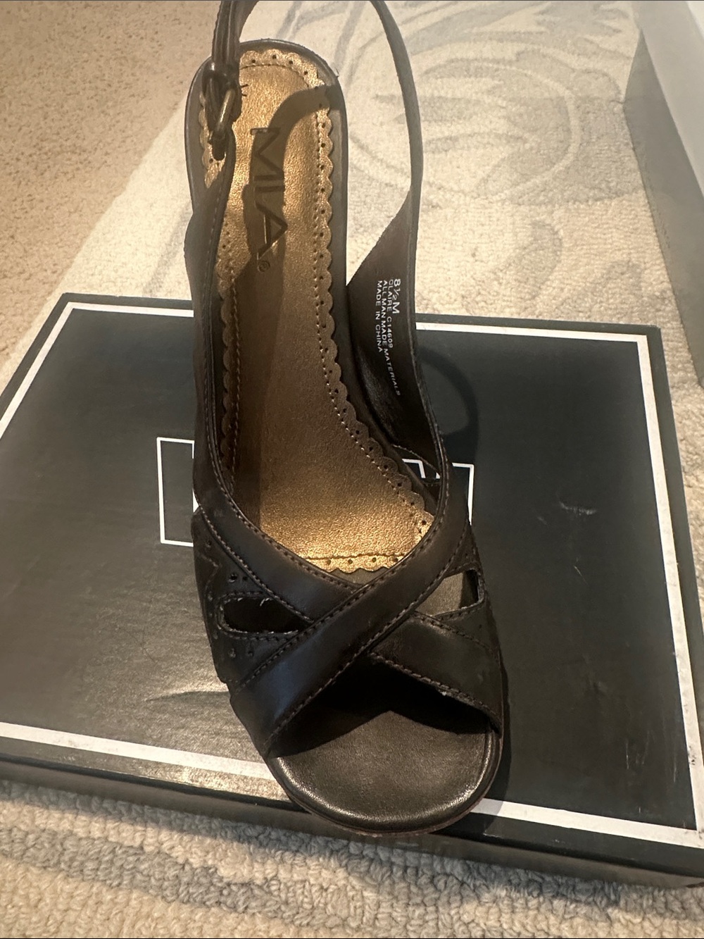 MIA Black Leather Peep-Toe Slingback Heel with Gold Insole